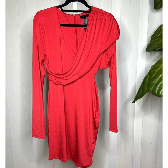 H:ours Dress Mini Red Color Draped Waist Cutout Ruched Long Sleeves Ariya Sz XL - Picture 3 of 11
